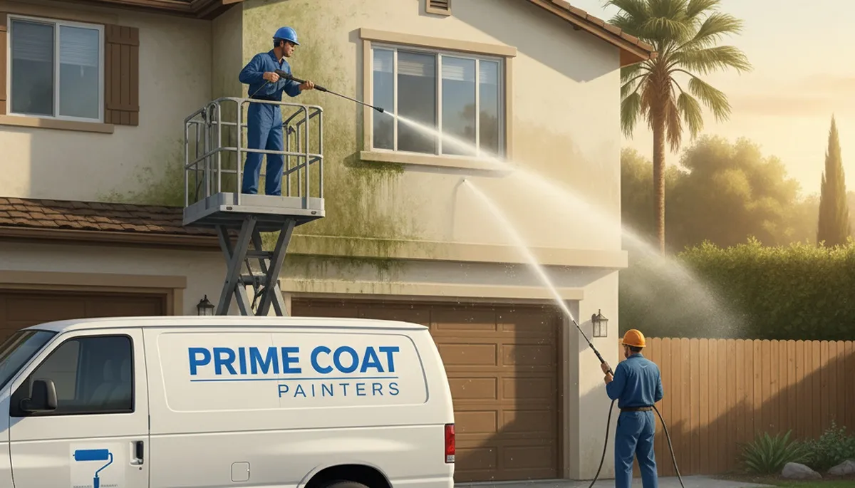 San Diego Paint Pros pressure cleaning driveway, siding, and patio in San Diego, CA