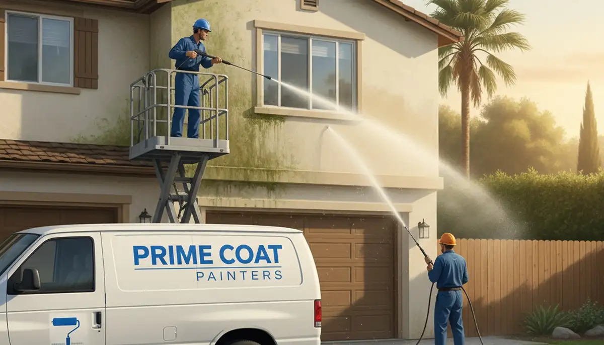 San Diego Paint Pros pressure cleaning driveway, siding, and patio in San Diego, CA