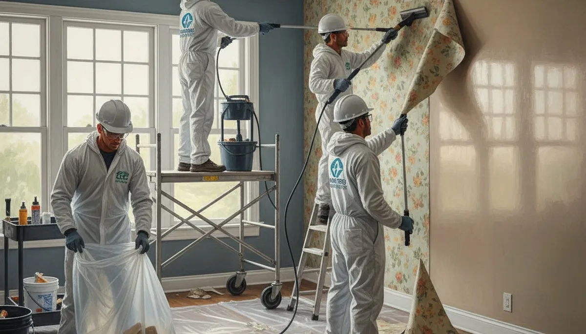 San Diego painters removing wallpaper in a residential home before wall prep