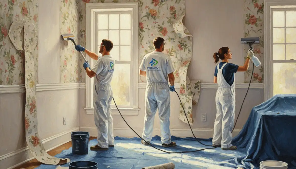 San Diego painters removing wallpaper in a residential home during wall prep service
